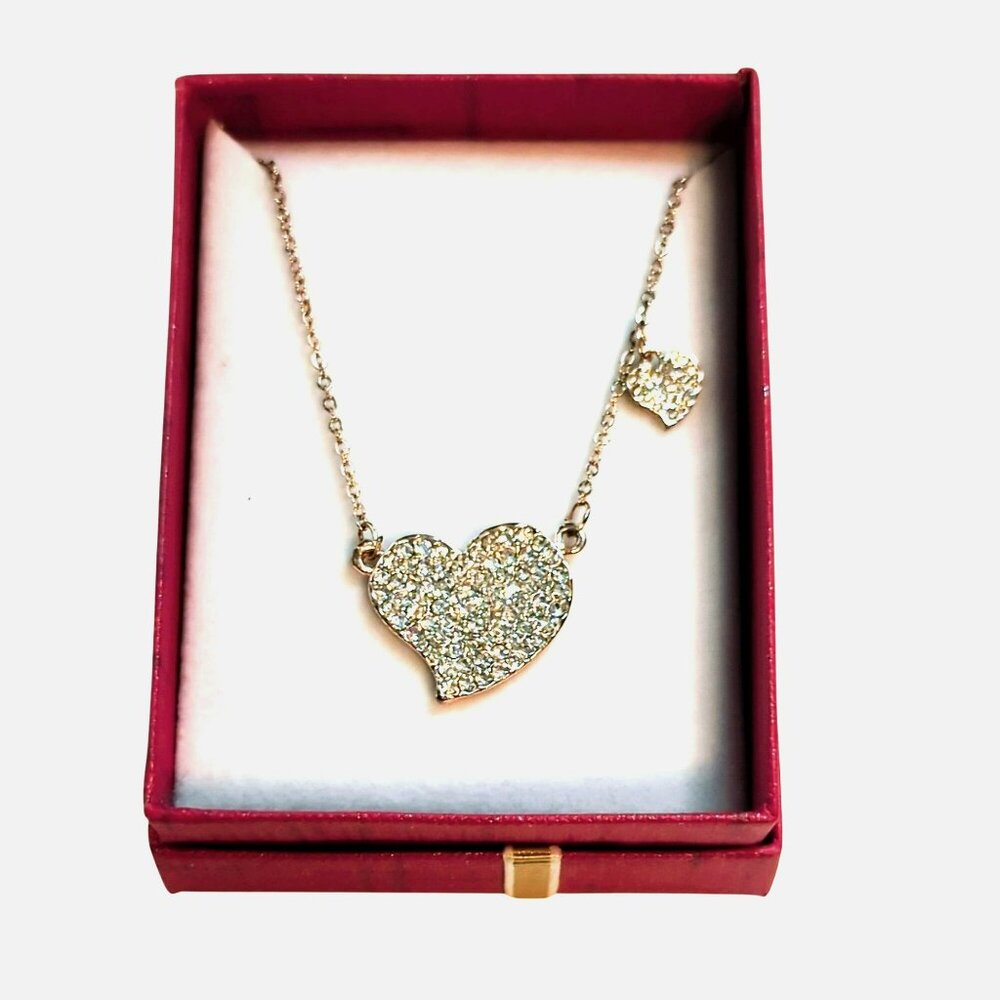 Gold-Tone Heart Necklace With Rhinestone Accents & Adjustable Chain